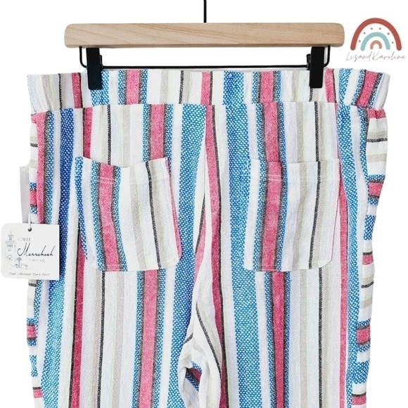 New! Caffe Marrakesh Linen Stripes Pull On Straight Leg Cropped Casual Pants - Picture 4 of 13